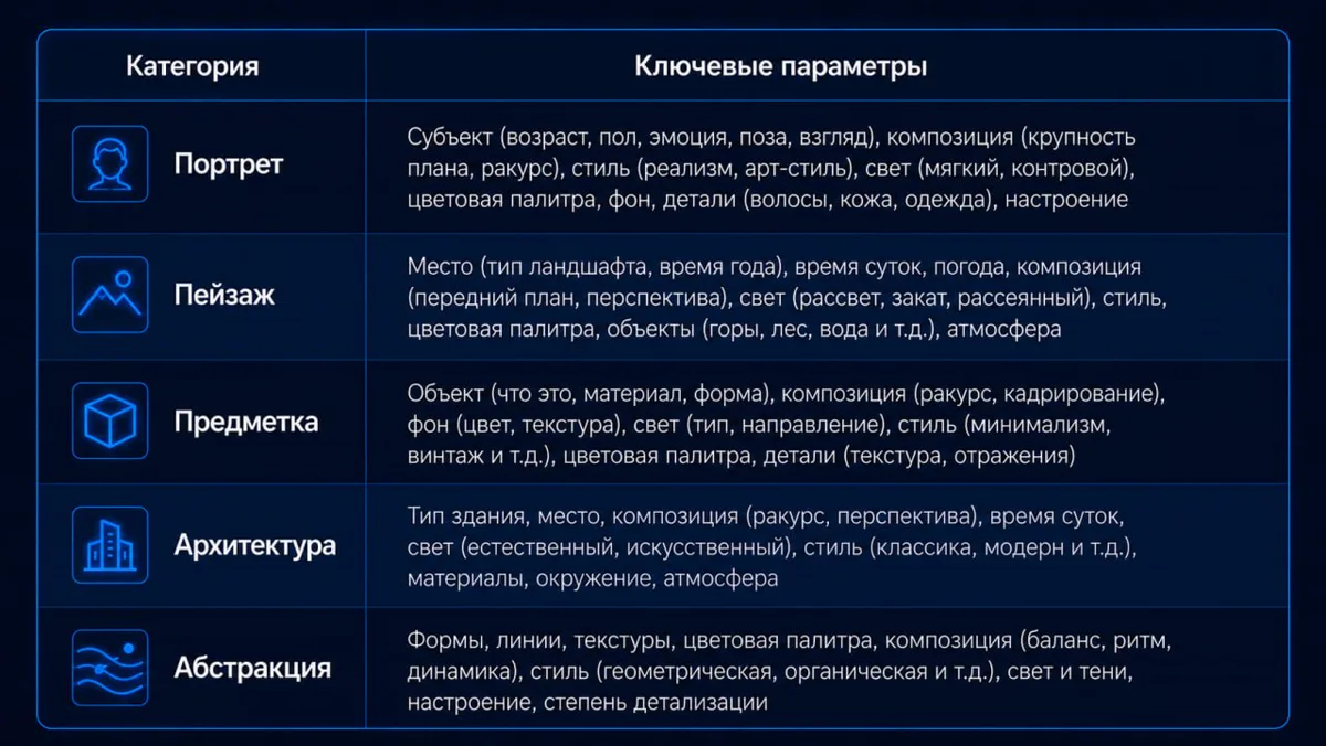 Примеры промтов для разных категорий изображений